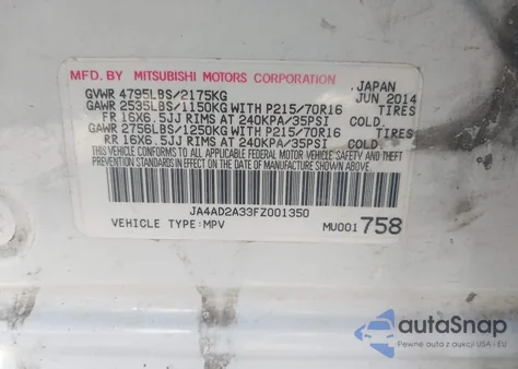 2015 Mitsubishi Outlander Es z USA, uszkodzony, nr VIN JA4AD2A33FZ001350